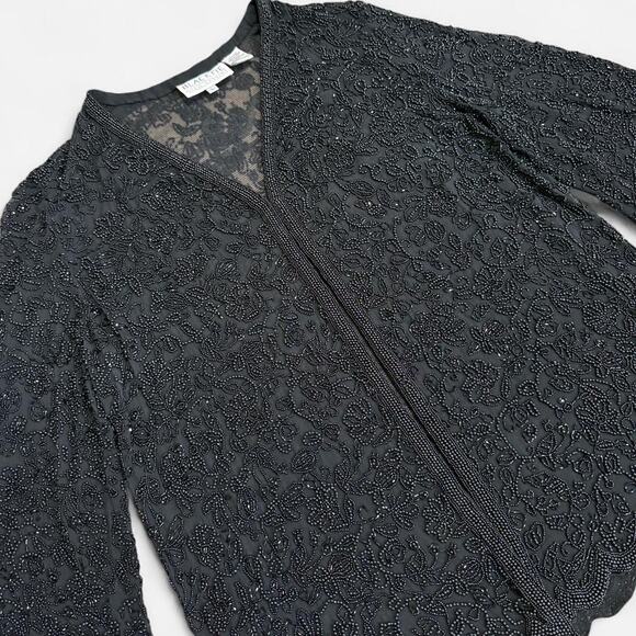 VTG 90s Black Tie by Oleg Caassini Black Beaded Silk Floral Long Sleeve Kimono L - Picture 6 of 8